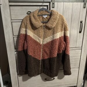 Brown and Tan Teddy Jacket with Fluffy Texture
